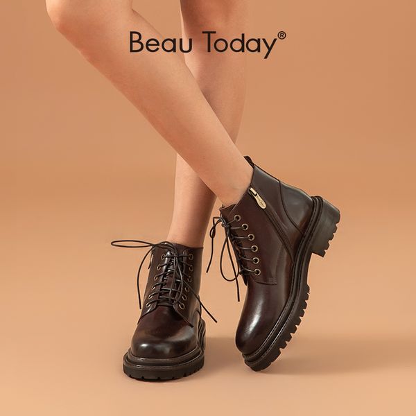 

boots beautoday ankle women genuine cow leather round toe lace-up zipper double sewing autumn fashion lady shoes handmade 03452, Black
