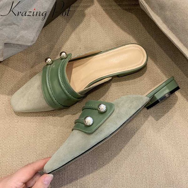 

krazing pot summer genuine leather small square toe low heel outside slipper metal decoration young lady slip on shoes women l08, Black