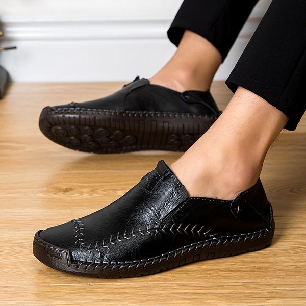 

men genuine leather shoes flats men loafers slip on business casual shoes classic soft moccasins hombre big size 48, Black