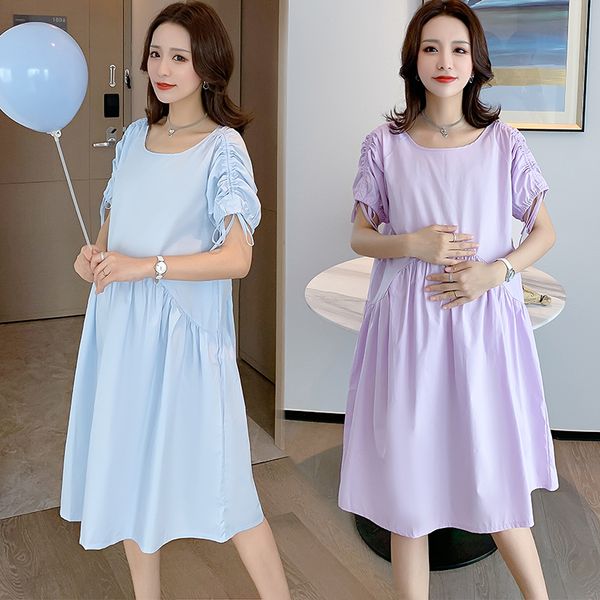 

2073# maternity clothes summer cotton solid color loose plus size dress for pregnant women mom dress, White
