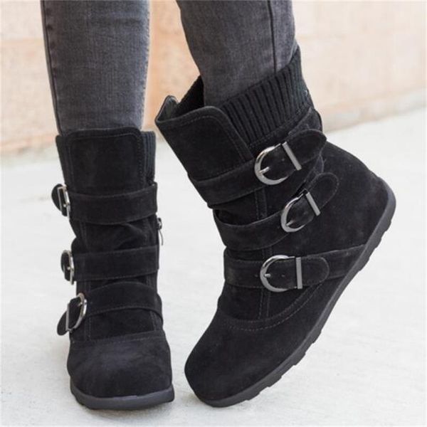 

new women warm snow boots arrival flat plush casual ladies shoes woman plus size autumn winter buckle female mid calf boots, Black