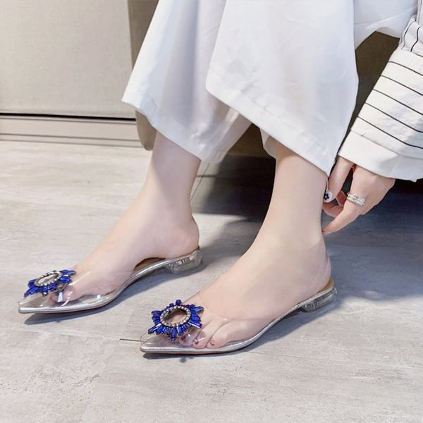 

women's sandals transparent crystal pointed toe shoes office ladies casual sandales female low heels summer elegant 2020, Black