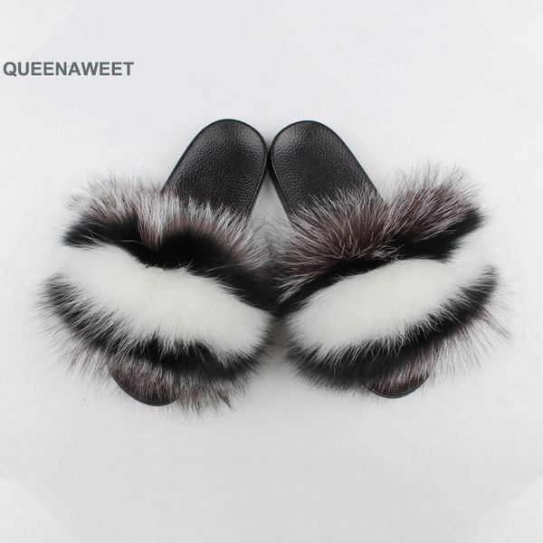 

summer fluffy fur slippers women's/kids real fur slides plush beach flip flops home shoes woman furry sandals hot, Black