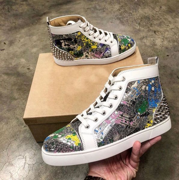 

graffiti sequin leather with spikes casual shoes,high red bottom sneakers men skateboard walking luxury party wedding with box,eu35-47, Black