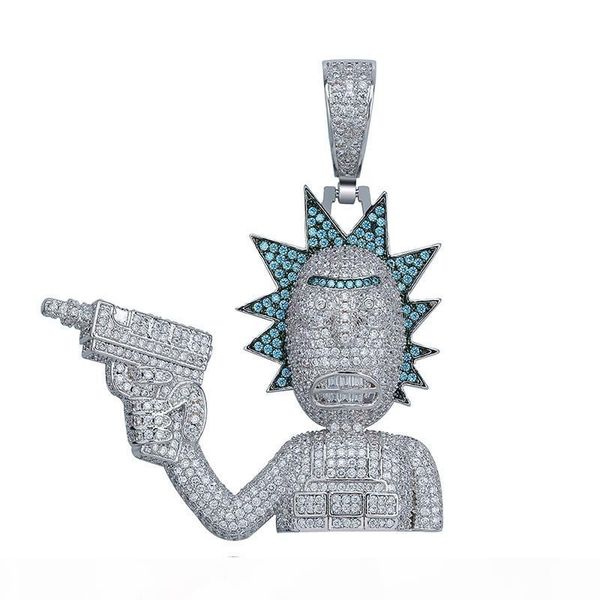 

18k gold cartoon character holding a gunman iced out zircon bling charm chains hip hop jewelry for men women, Silver