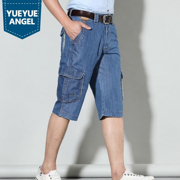 

men's jeans fashion summer brand mens short cotton calf-length denim pants pocket loose baggy wide leg straight cargo, Blue