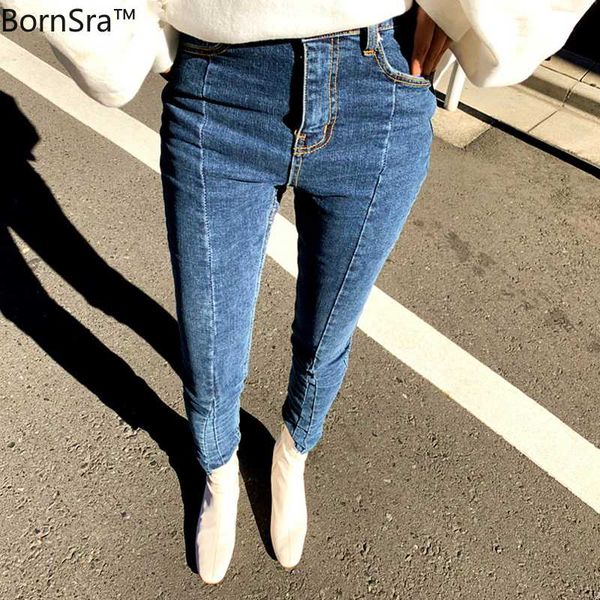 

women's jeans bornsra 2021 spring summer stretch patchwork denim women skinny tassel high waist pants capris female pencil femme, Blue