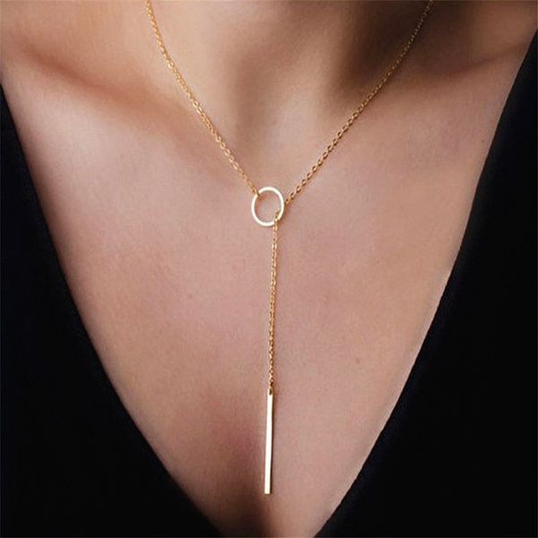 

stainless steel circle stick necklace for women gold long chain pendant y necklace jewelry gift, Silver