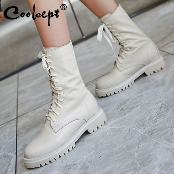 

coolcept women real leather half short boots round toe thick heel lace up casual cool shoes solid ladies footwear size 34-40, Black