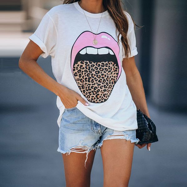 

popular 2020 european and american cross-border spring and summer new womens lips big tongue leopard print t-shirt women, White