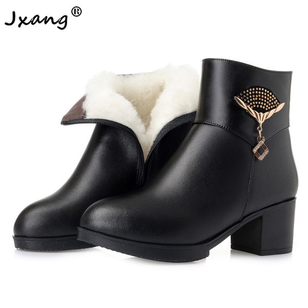 

jxang 2020 classic genuine leather ladies new year high heels boots boots shoes women wool winter warm trend snow winter, Black