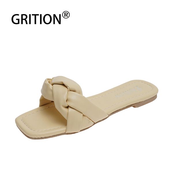 

grition casual тапочки открытый квадратный носок мягкие тапочки плетение из кожи женщин сандал плоский вне пляжа номера слип обувь флип-флоп, Black