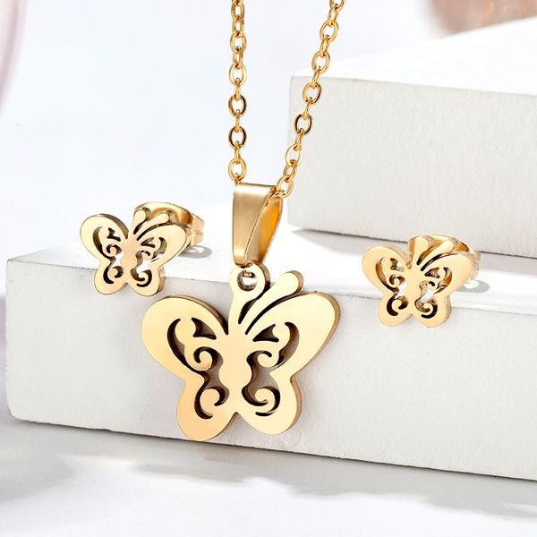 

simple stainless steel earrings necklace set insect butterfly earrings pendant jewellery set women girls clavicle chain gift hot, Silver