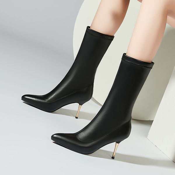 

elegant thin high heels heels mid-calf boots microfiber leather ladies boots female pointed toe new wedding dancing shoes woman, Black