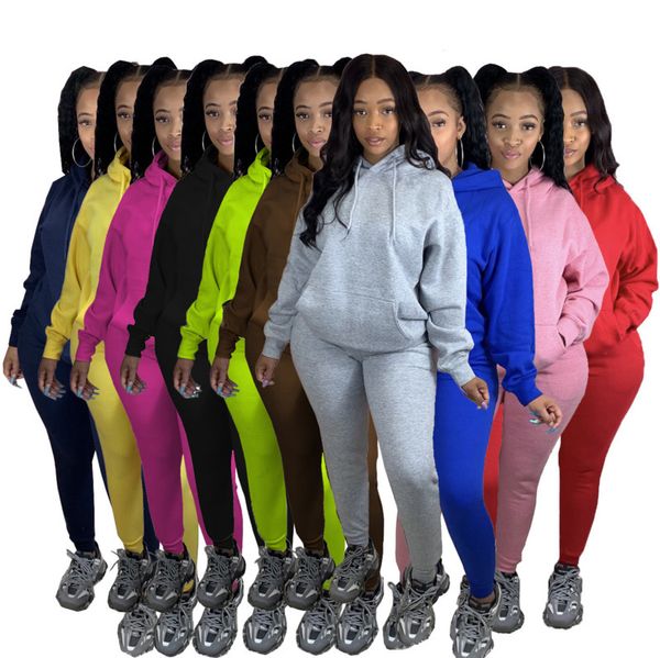 

women two pieces outfits hooded sweatshirt long sleeve trousers solid color fleece-lined ladies running clothes sportwear tracksuits 2020, White