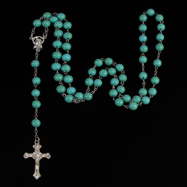 

pendant necklaces catholic six-color beads rosary necklace alloy cross virgin mary center christian religious jewelry, Silver