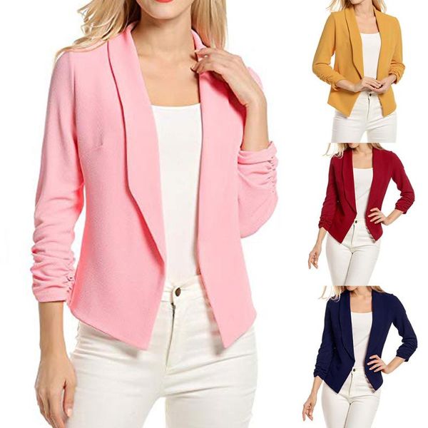 

female jacket manteau femme hiver women 3/4 sleeve blazer open front short cardigan suit jacket work office coat w510, White;black
