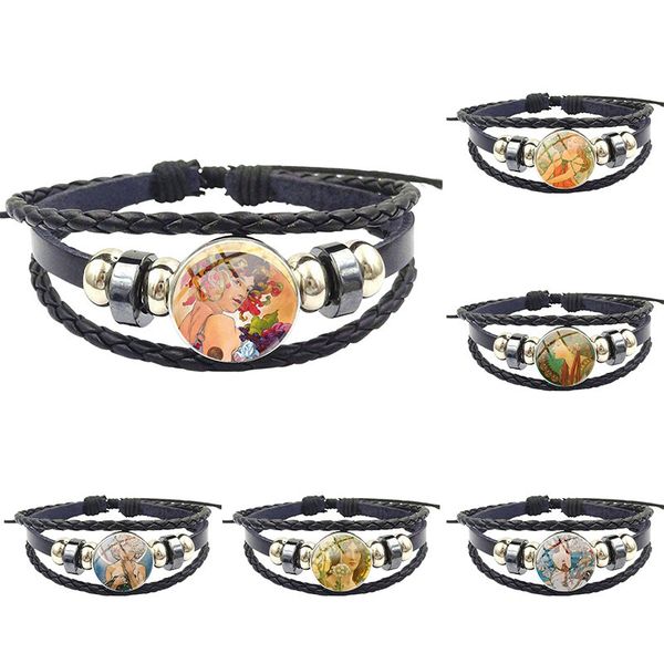 

charm bracelets mucha for women gift fashion glass stone surface black leather bracelet bangle statement jewelry, Golden;silver