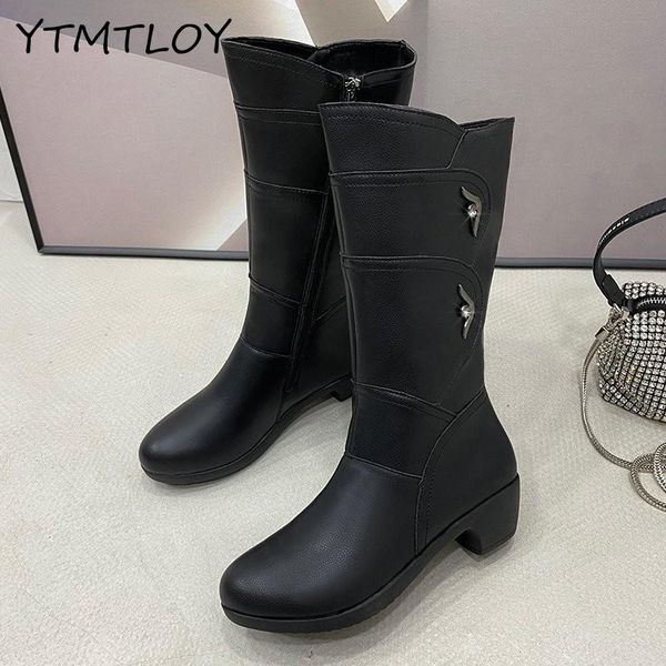 

leather boots women zipper mid-calf rubber boots for women non slip 2020 spring female winter shoes black big size 35-42