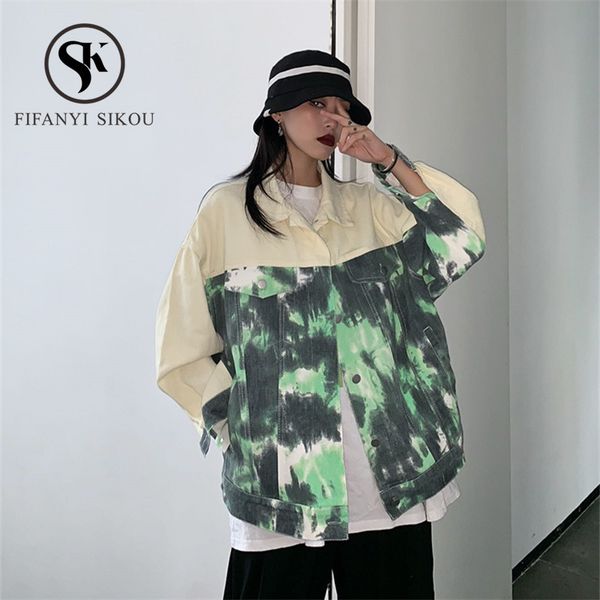 

harajuku denim jacket women fashion patchwork long sleeve jeans coat female streetwear loose vintage jeans jacket 2020 spring, Black;brown