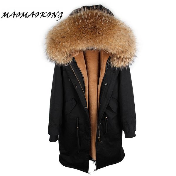 

over the knee x-long parka real fur coat winter jacket women raccoon fur collar lined with fux parkas ing, Black
