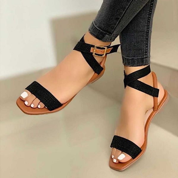 

summer flat sandals women open toe beach shoes gladiator buckle ankle strap ladies sandals sandalias mujer chaussure femme, Black
