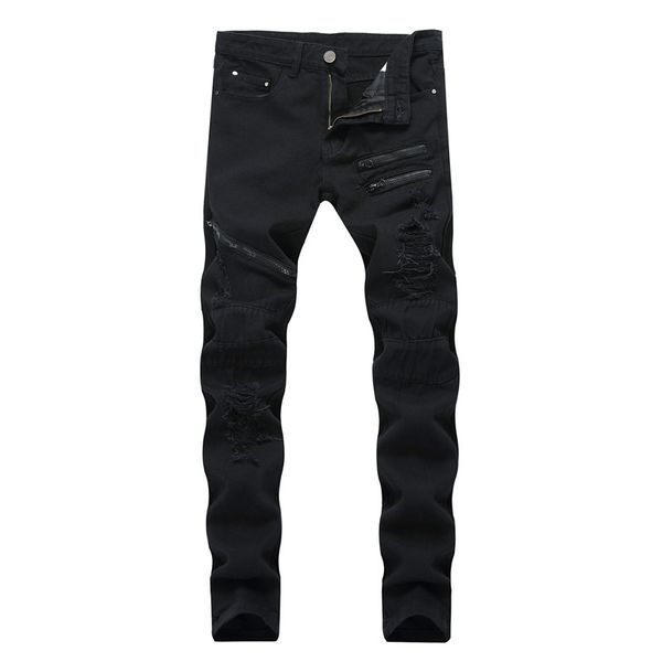 

fashion hi street men ripped jeans pants streetwear distressed denim trousers with multi zippers plus size 28-42 black, Blue