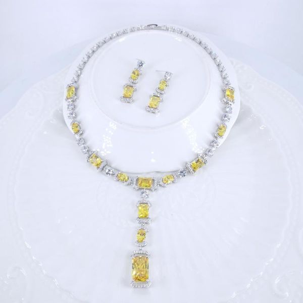 

2020 new fashion luxury vintage yellow cz zircon necklace earring set wedding party birthday jewelry, Silver