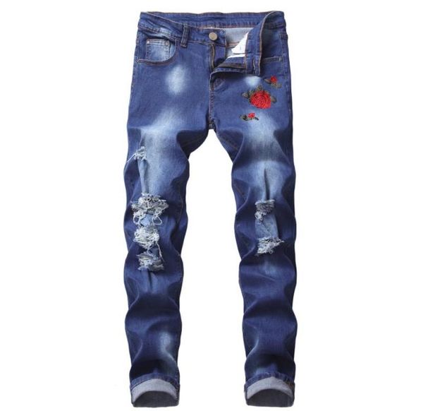 

mens rose embroidered ripped jeans male flower patch skinny stretch denim hole pants blue size 42