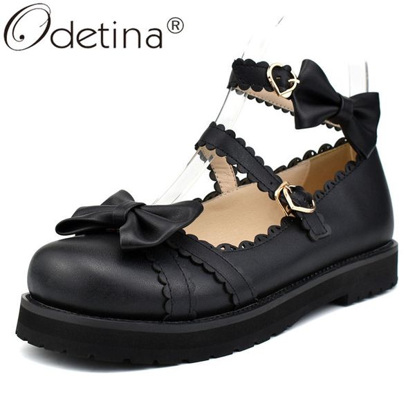 

odetina women block chunky low heel buckle strap mary janes shoes female cosplay round toe bow double row buckle lolita shoes, Black
