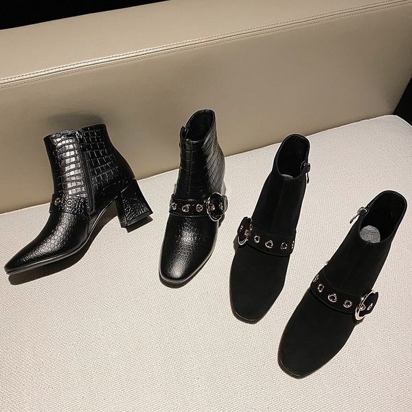 

handmade quality 2020 women shoes ankle boots side zipper genuine leather block high heels ladies black booties plus size 32 41