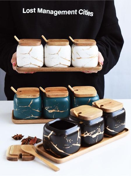 

marble pattern ceramic kitchen seasoning tank set nordic spice jar kitchen accessories wooden cover wood tray salt shaker