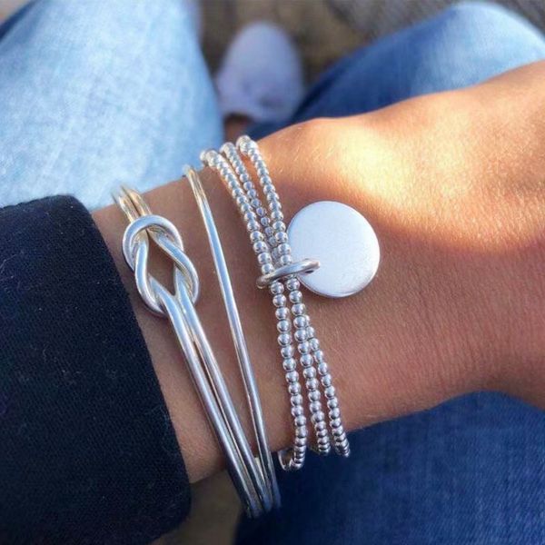

3pcs/set silver color disc charm beads chain bracelets for women fashion metal ball geometric bangle set party costume jewelry, Golden;silver