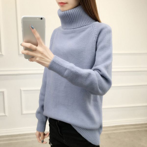 

turtleneck sweater women autumn and winter new casual loose knitted pullovers blue thick long sleeve sweater women, White;black