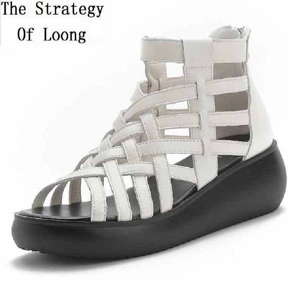 

summer new national style retro wedges heels peep toe genuine leather women gladiator sandals ladies ankle short boots 20200611, Black