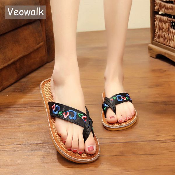 

veowalk palm fiber soles summer women soft satin cotton embroidered flip flops retro ladies comfort toe ring slippers shoes, Black
