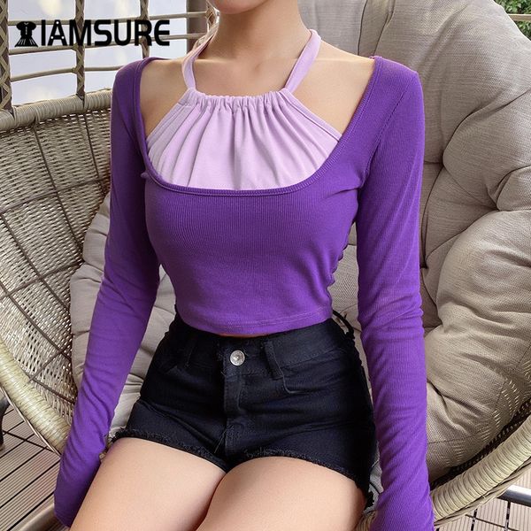

iamsure streetwear fashion patchwork aesthetic halter shirt for women korean style long sleeve fitness female cropped shirts, White