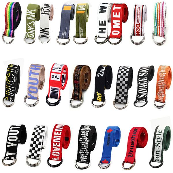 

25 styles men women belts canvas casual punk letters 130cm long strap for jeans black d buckle female harajuku ladies waistband, Black;brown