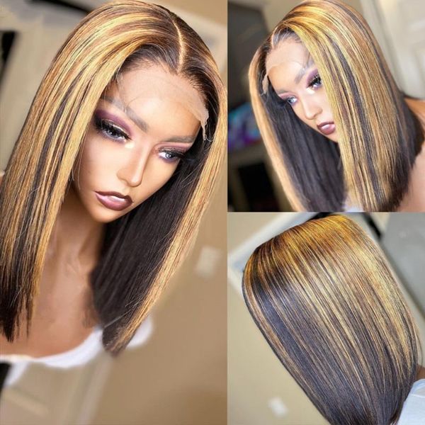 

bib glueless highlight color 2x4 lace front human hair wigs 150% brazilian remy closure wig for women blonde short bob wig, Black;brown