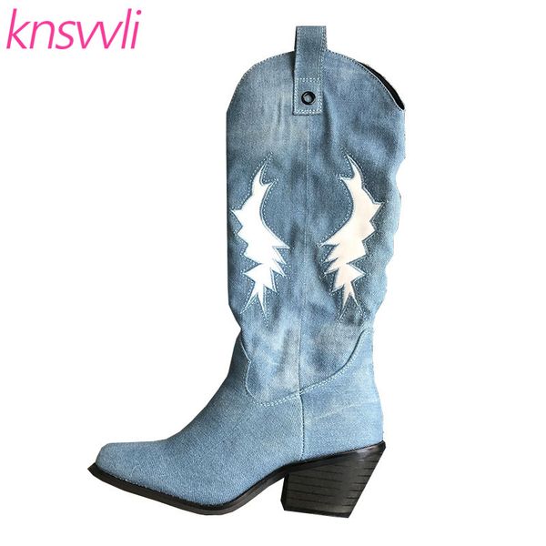 

pointy toe totems western cowboy boots women blue denim winter runway shoes knight long boots chunky heels knee high woman, Black