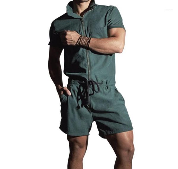 

stand collar short sleeve loose overalls new mens summer clothing mens designer overalls pants casual zipper, Black