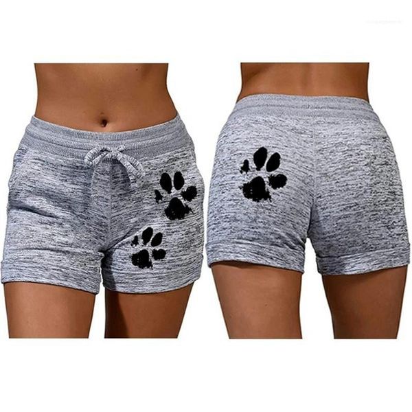 

paw pattern print mid waist drawstring shorts plus size womens clothing summer ladies designer yoga shorts cat, White;black