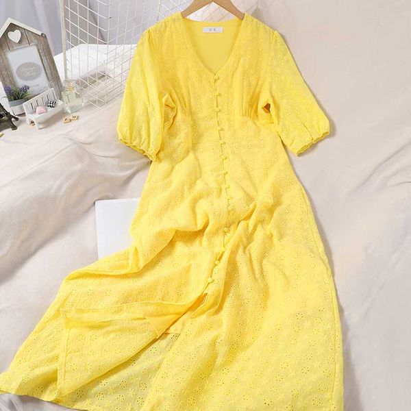 

vintage hollow out long maxi dress women summer short sleeve dresses a-line v-neck single-breasted yellow dress, Black;gray
