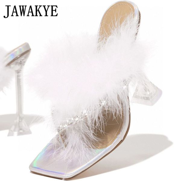 

transparent high heel flip flops white feather mules women sandals summer formal cup heel dress shoes beading party shoes, Black