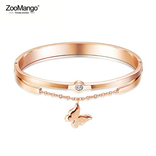 

zoomango brand women stainless steel cz crystal bracelet bangle with butterfly charm rose gold color fashion jewelry zogh940, Black