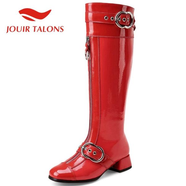 

jouir talons shoes woman cow leather square thick heels buckle straps knee high boots square toe short plush shoes, Black
