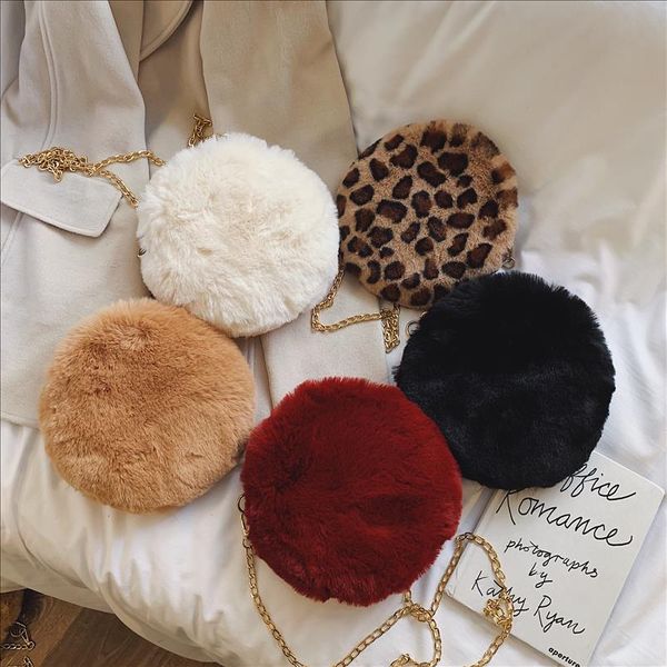 

fashion round shoulder bag winter leopard plush handbags soft fur bag metal mini coin purse cute hand warm bag clutch