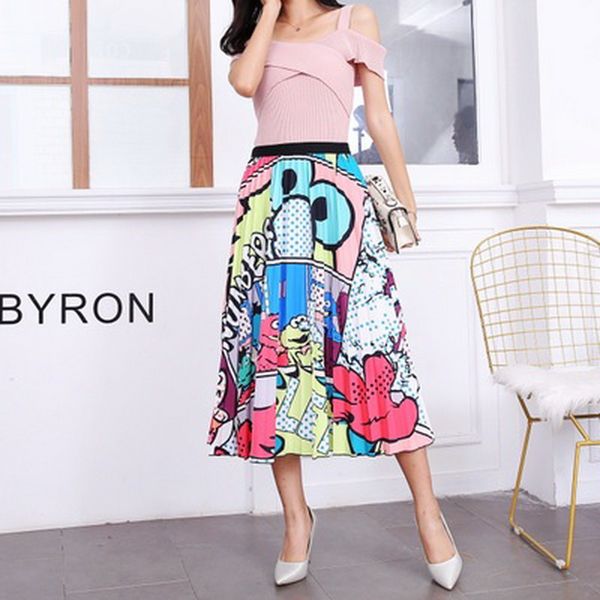 

19 colors cartoon printed women skirt 2020 elastic waist pleated skirts female bohemian casual summer midi skirts women