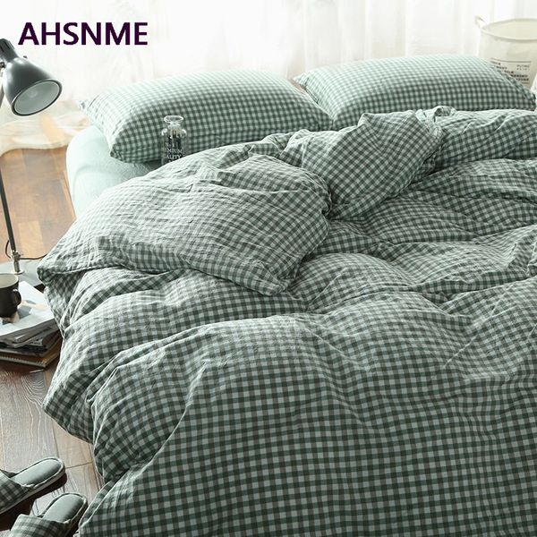 

bedding sets ahsnme 100% cotton nevresim takimlari super soft bedclothes cool summer light green small plaid duvet cover comforter posciel