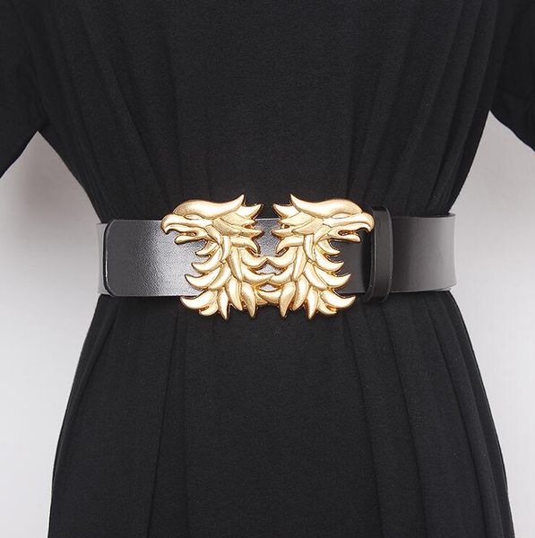 

women's runway fashion genuine leather phoenix buckle cummerbunds female corsets waistband belts decoration wide belt r2929, Black;brown